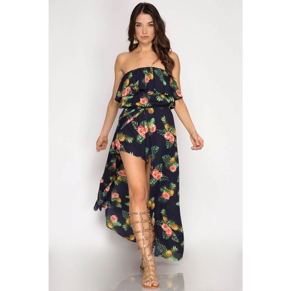 Strapless Pineapple Print Romper with Maxi Overlay
